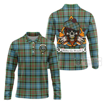 Walkinshaw Tartan Long Sleeve Polo Shirt with Family Crest and Bearded Skull Holding Bottles of Whiskey Unisex - Tartan Vibes Clothing