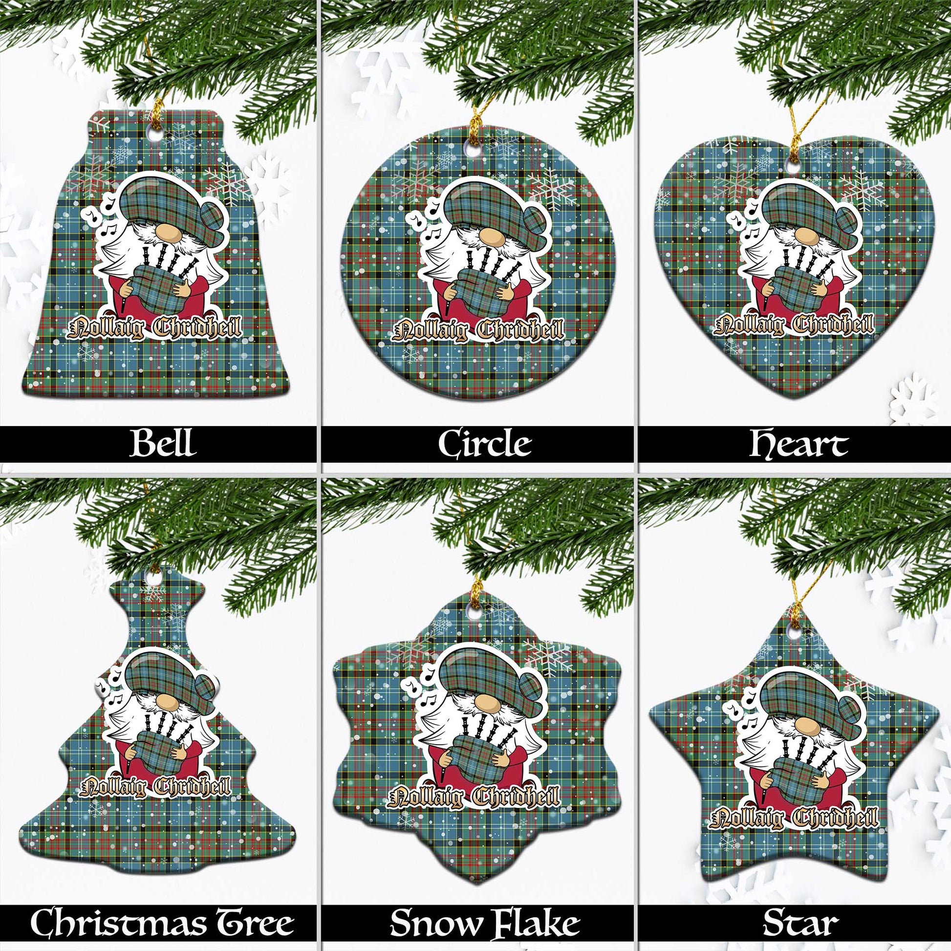 Walkinshaw Tartan Christmas Ceramic Ornaments with Scottish Gnome Playing Bagpipes Ceramic - Tartan Vibes Clothing