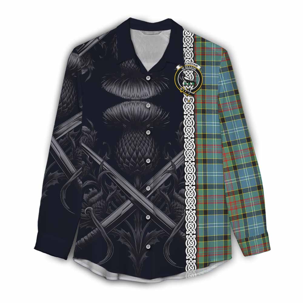 Tartan Vibes Clothing Walkinshaw Tartan Women's Casual Shirt with Family Crest Cross Sword Thistle Celtic Vibes