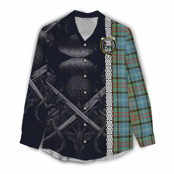 Walkinshaw Tartan Women's Casual Shirt with Family Crest Cross Sword Thistle Celtic Vibes Female - Tartan Vibes Clothing