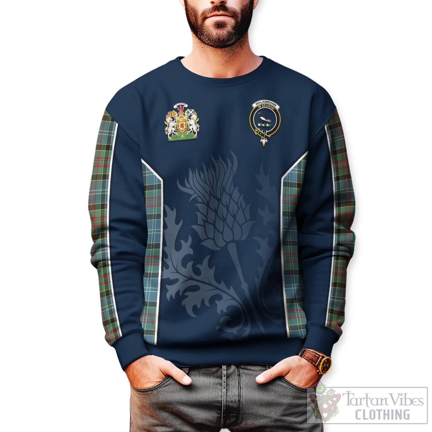 Walkinshaw Tartan Sweatshirt with Family Crest and Scottish Thistle Vibes Sport Style Unisex - Tartan Vibes Clothing