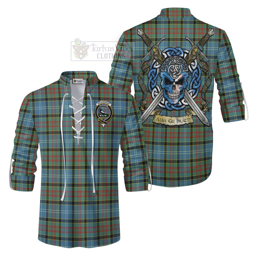 Tartan Vibes Clothing Walkinshaw Tartan Ghillie Kilt Shirt with Family Crest Celtic Skull Style