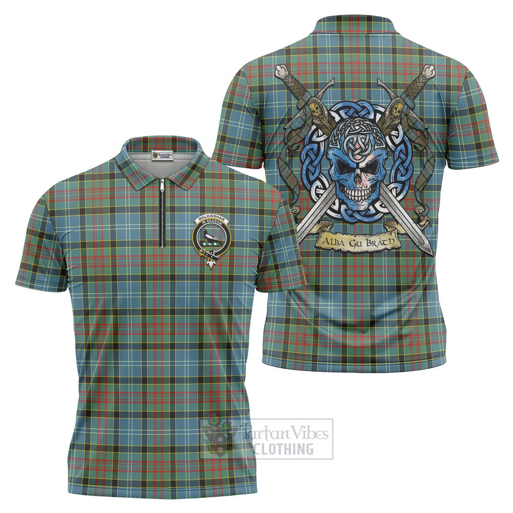 Walkinshaw Tartan Zipper Polo Shirt with Family Crest Celtic Skull Style Unisex - Tartan Vibes Clothing