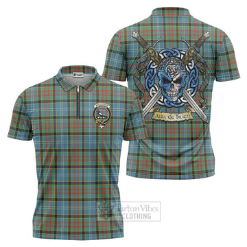 Walkinshaw Tartan Zipper Polo Shirt with Family Crest Celtic Skull Style Unisex - Tartan Vibes Clothing