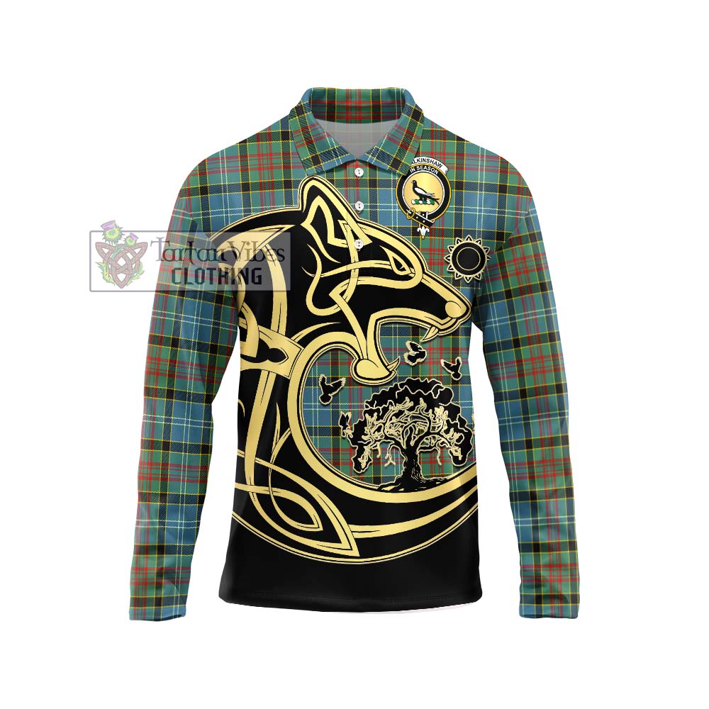Walkinshaw Tartan Long Sleeve Polo Shirt with Family Crest Celtic Wolf Style Unisex - Tartan Vibes Clothing