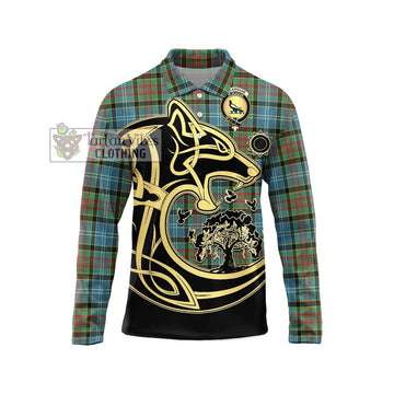 Walkinshaw Tartan Long Sleeve Polo Shirt with Family Crest Celtic Wolf Style Unisex - Tartan Vibes Clothing