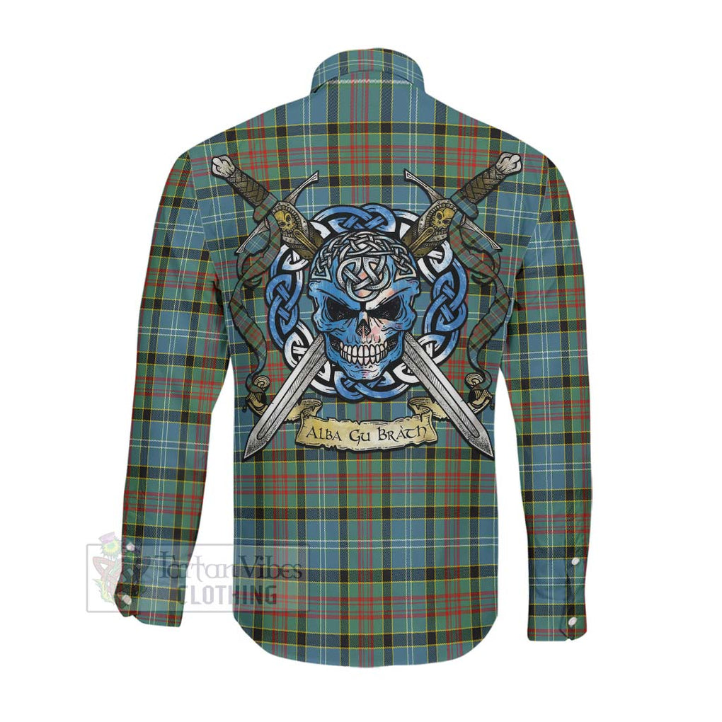 Walkinshaw Tartan Long Sleeve Button Shirt with Family Crest Celtic Skull Style Men's Shirt - Tartan Vibes Clothing