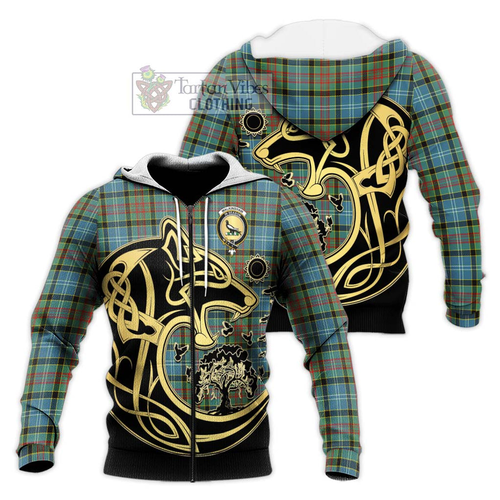 Walkinshaw Tartan Knitted Hoodie with Family Crest Celtic Wolf Style Unisex Knitted Zip Hoodie - Tartan Vibes Clothing
