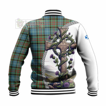 Walkinshaw Tartan Baseball Jacket with Family Crest and St. Andrew's Cross Accented by Thistle Vines - Tartan Vibes Clothing
