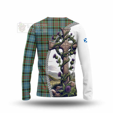 Walkinshaw Tartan Long Sleeve T-Shirt with Family Crest and St. Andrew's Cross Accented by Thistle Vines - Tartan Vibes Clothing