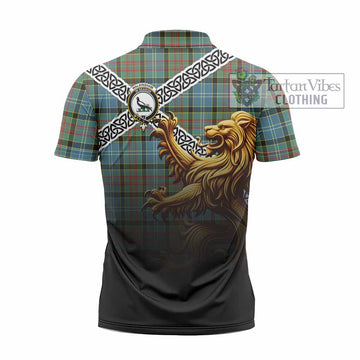 Walkinshaw Crest Tartan Zipper Polo Shirt with Golden Lion Emblem Celtic Style - Tartan Vibes Clothing