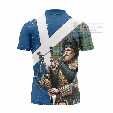 Walkinshaw Tartan Zipper Polo Shirt with Family Crest Scottish Bagpiper Vibes - Tartan Vibes Clothing