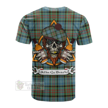 Walkinshaw Tartan Cotton T-shirt with Family Crest and Bearded Skull Holding Bottles of Whiskey - Tartan Vibes Clothing