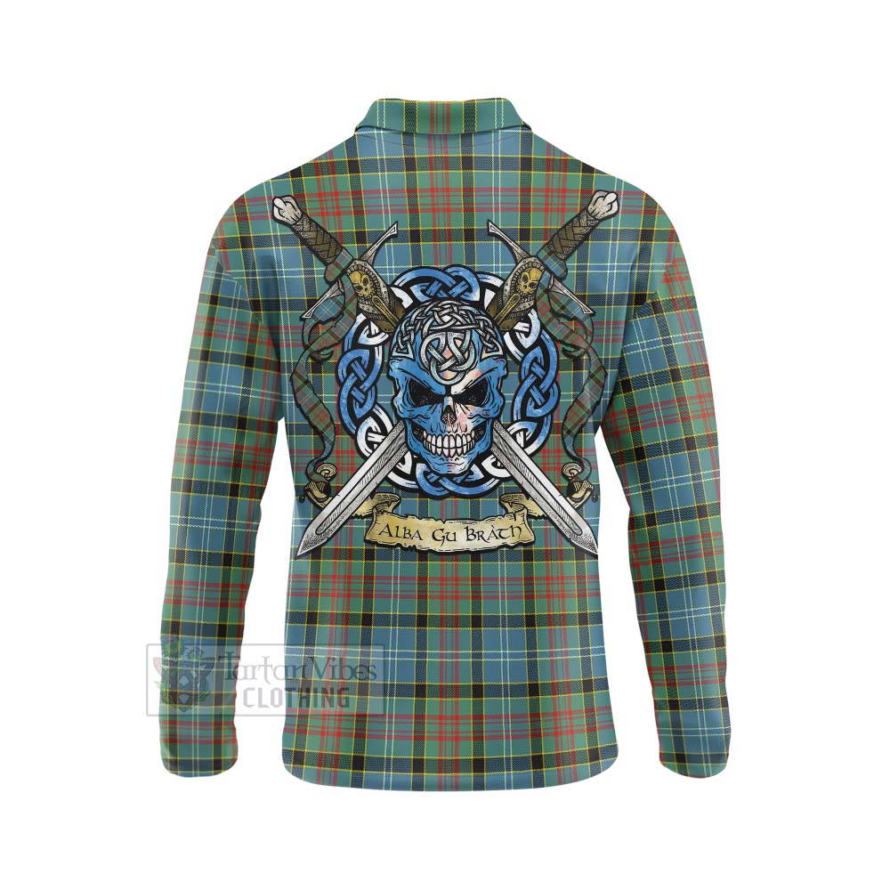 Walkinshaw Tartan Long Sleeve Polo Shirt with Family Crest Celtic Skull Style - Tartan Vibes Clothing