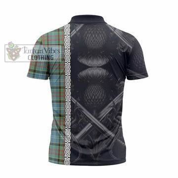 Walkinshaw Tartan Zipper Polo Shirt with Family Crest Cross Sword Thistle Celtic Vibes - Tartan Vibes Clothing