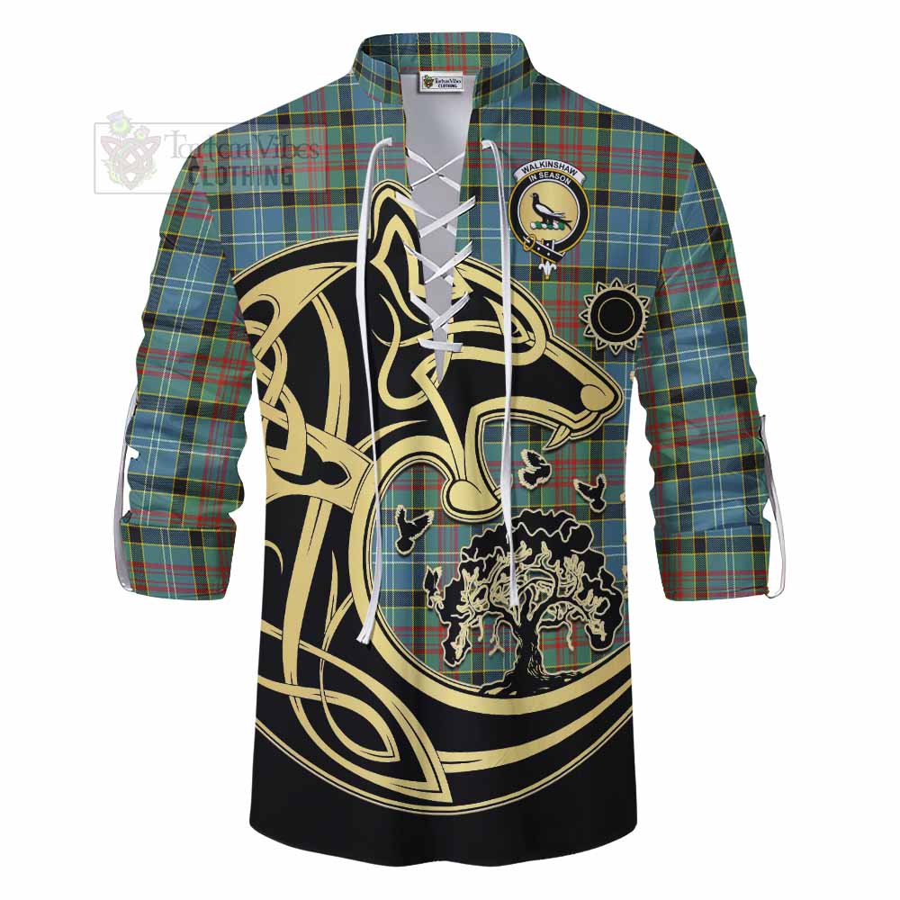 Walkinshaw Tartan Ghillie Kilt Shirt with Family Crest Celtic Wolf Style - Tartan Vibes Clothing