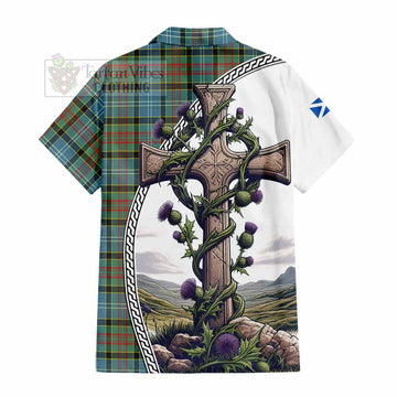 Walkinshaw Tartan Hawaiian Shirt with Family Crest and St. Andrew's Cross Accented by Thistle Vines - Tartan Vibes Clothing