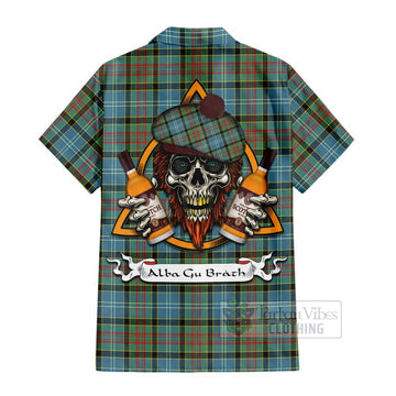 Walkinshaw Tartan Hawaiian Shirt with Family Crest and Bearded Skull Holding Bottles of Whiskey - Tartan Vibes Clothing