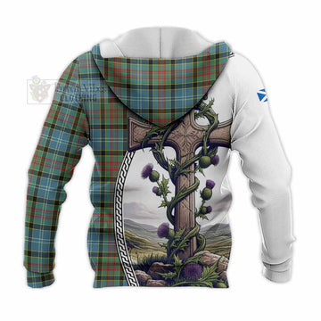 Walkinshaw Tartan Knitted Hoodie with Family Crest and St. Andrew's Cross Accented by Thistle Vines - Tartan Vibes Clothing