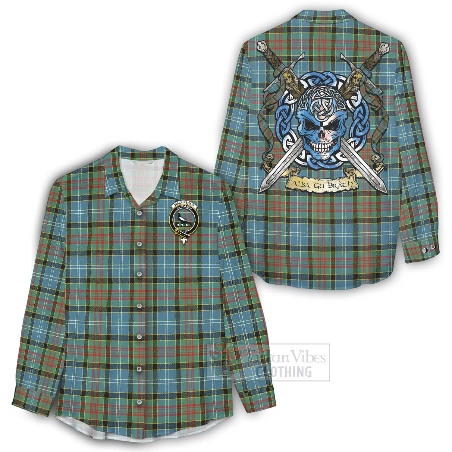 Walkinshaw Tartan Women's Casual Shirt with Family Crest Celtic Skull Style - Tartan Vibes Clothing