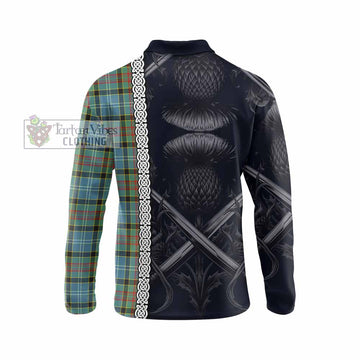 Walkinshaw Tartan Long Sleeve Polo Shirt with Family Crest Cross Sword Thistle Celtic Vibes - Tartan Vibes Clothing