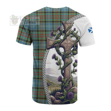 Walkinshaw Tartan Cotton T-shirt with Family Crest and St. Andrew's Cross Accented by Thistle Vines - Tartan Vibes Clothing