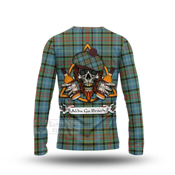 Walkinshaw Tartan Long Sleeve T-Shirt with Family Crest and Bearded Skull Holding Bottles of Whiskey - Tartan Vibes Clothing
