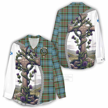 Walkinshaw Tartan Women's Casual Shirt with Family Crest and St. Andrew's Cross Accented by Thistle Vines - Tartan Vibes Clothing