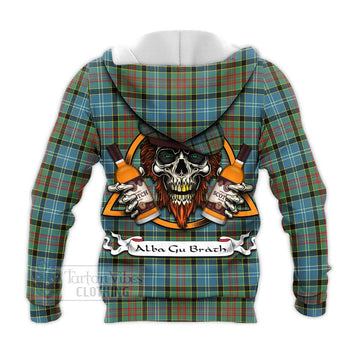 Walkinshaw Tartan Knitted Hoodie with Family Crest and Bearded Skull Holding Bottles of Whiskey - Tartan Vibes Clothing