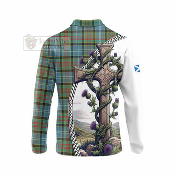 Walkinshaw Tartan Long Sleeve Polo Shirt with Family Crest and St. Andrew's Cross Accented by Thistle Vines - Tartan Vibes Clothing