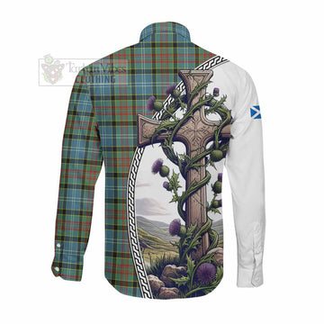 Walkinshaw Tartan Long Sleeve Button Shirt with Family Crest and St. Andrew's Cross Accented by Thistle Vines Men's Shirt - Tartan Vibes Clothing