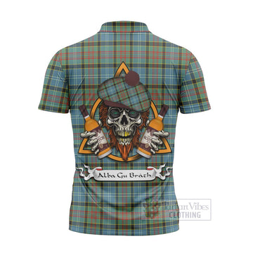 Walkinshaw Tartan Zipper Polo Shirt with Family Crest and Bearded Skull Holding Bottles of Whiskey - Tartan Vibes Clothing
