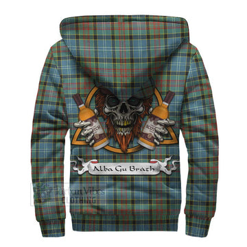 Walkinshaw Tartan Sherpa Hoodie with Family Crest and Bearded Skull Holding Bottles of Whiskey - Tartan Vibes Clothing