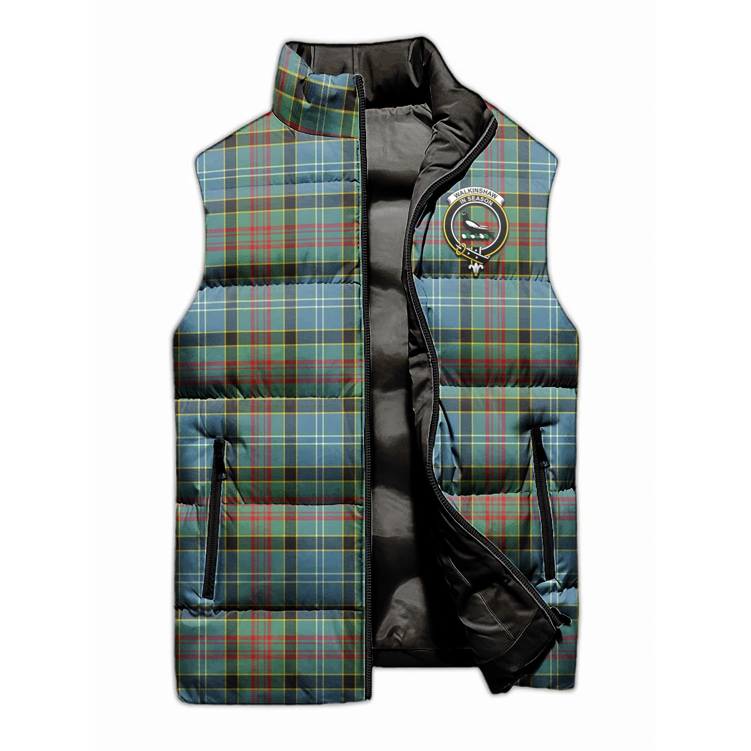 Walkinshaw Tartan Sleeveless Puffer Jacket with Family Crest - Tartanvibesclothing