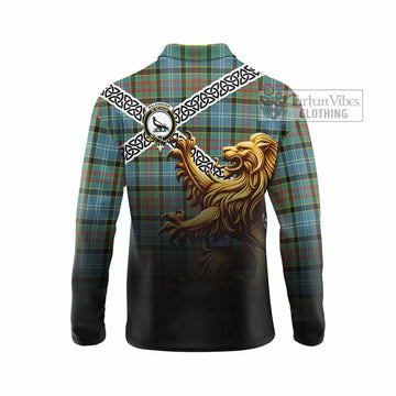Walkinshaw Crest Tartan Long Sleeve Polo Shirt with Golden Lion Emblem Celtic Style - Tartan Vibes Clothing