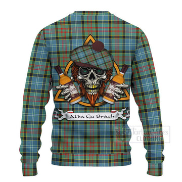 Walkinshaw Tartan Ugly Sweater with Family Crest and Bearded Skull Holding Bottles of Whiskey - Tartan Vibes Clothing