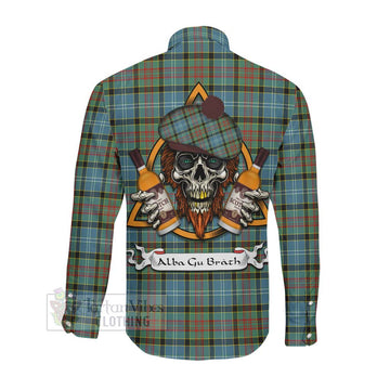 Walkinshaw Tartan Long Sleeve Button Shirt with Family Crest and Bearded Skull Holding Bottles of Whiskey Men's Shirt - Tartan Vibes Clothing