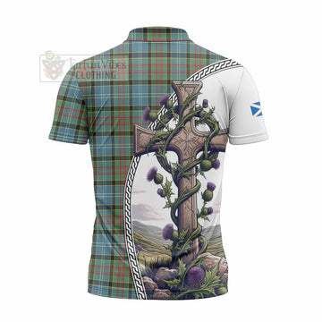 Walkinshaw Tartan Zipper Polo Shirt with Family Crest and St. Andrew's Cross Accented by Thistle Vines - Tartan Vibes Clothing