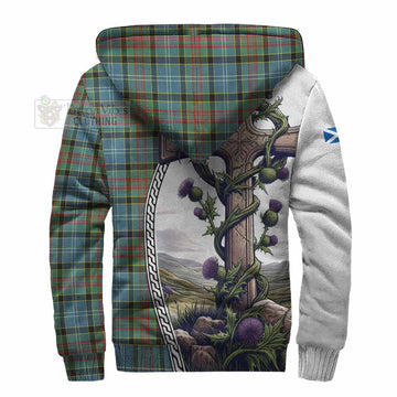 Walkinshaw Tartan Sherpa Hoodie with Family Crest and St. Andrew's Cross Accented by Thistle Vines - Tartan Vibes Clothing