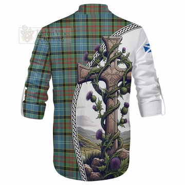 Walkinshaw Tartan Ghillie Kilt Shirt with Family Crest and St. Andrew's Cross Accented by Thistle Vines - Tartan Vibes Clothing