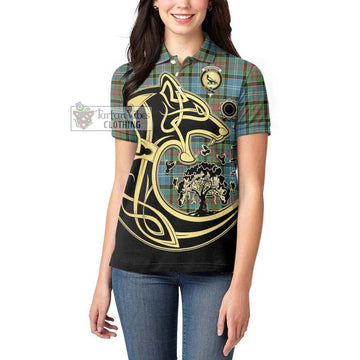 Walkinshaw Tartan Women's Polo Shirt with Family Crest Celtic Wolf Style - Tartan Vibes Clothing
