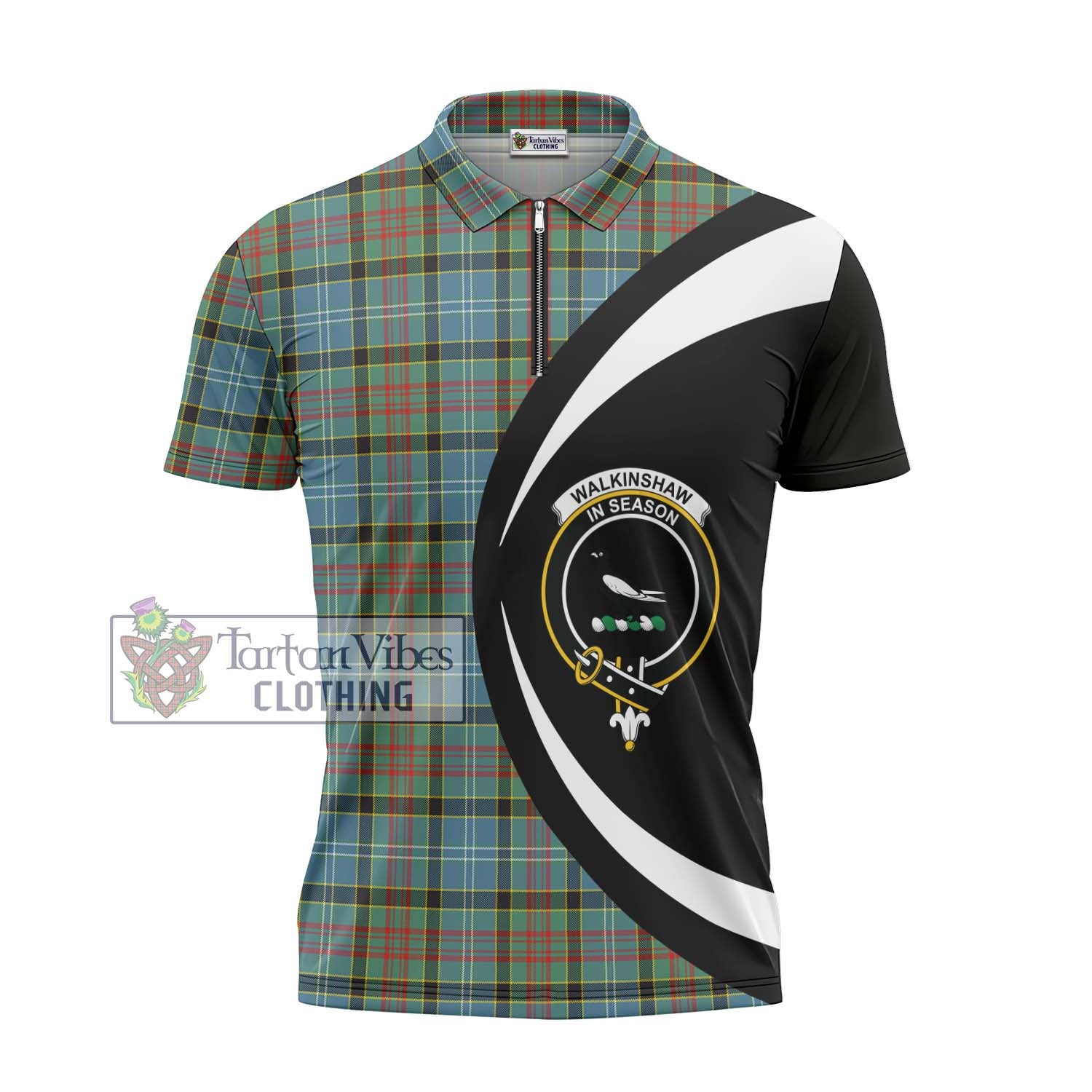 Walkinshaw Tartan Zipper Polo Shirt with Family Crest Circle Style - Tartan Vibes Clothing