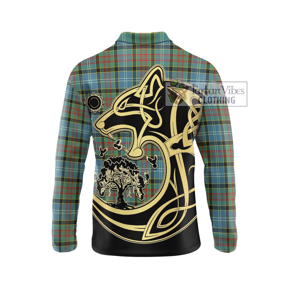Walkinshaw Tartan Long Sleeve Polo Shirt with Family Crest Celtic Wolf Style - Tartan Vibes Clothing