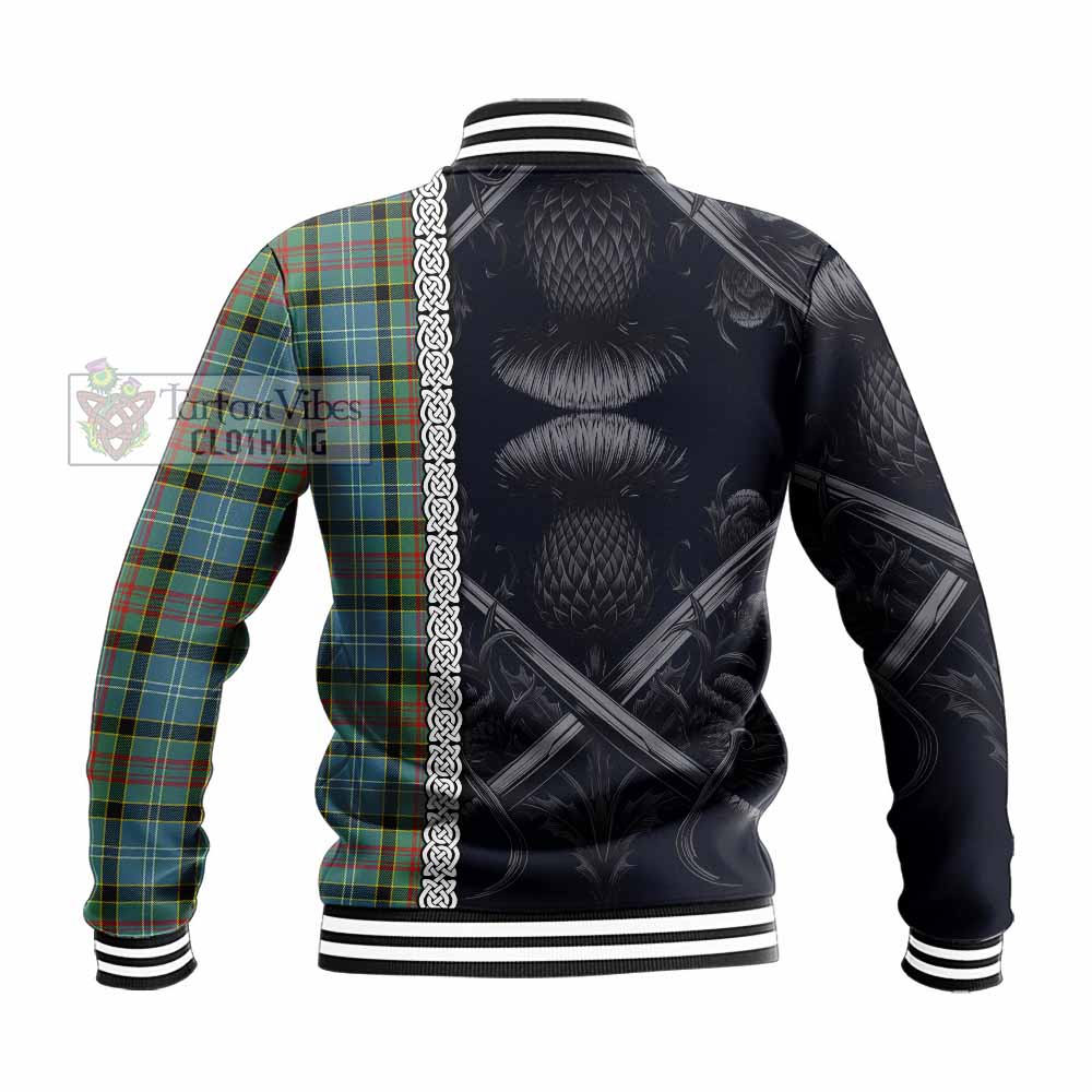 Walkinshaw Tartan Baseball Jacket with Family Crest Cross Sword Thistle Celtic Vibes - Tartan Vibes Clothing