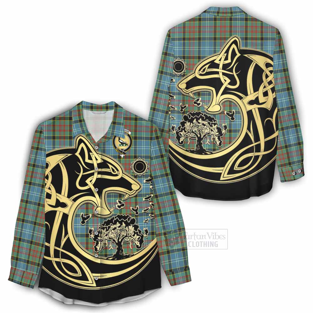 Walkinshaw Tartan Women's Casual Shirt with Family Crest Celtic Wolf Style - Tartan Vibes Clothing