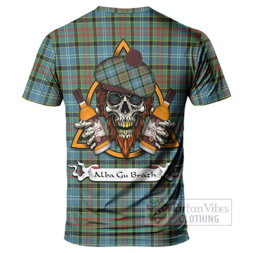 Walkinshaw Tartan T-Shirt with Family Crest and Bearded Skull Holding Bottles of Whiskey - Tartan Vibes Clothing