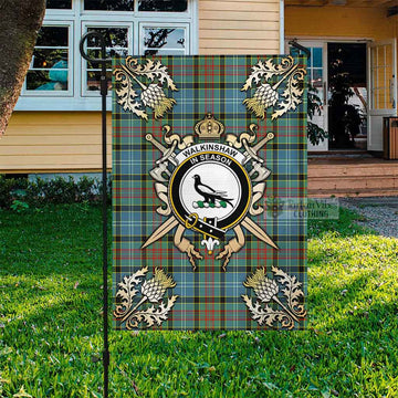 Walkinshaw Tartan Garden Flag with Family Crest and Golden Thistle Crossed Sword Design