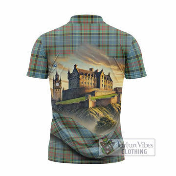 Walkinshaw Tartan Family Crest Zipper Polo Shirt with Scottish Ancient Castle Style - Tartan Vibes Clothing
