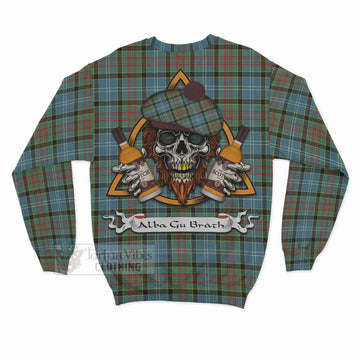 Walkinshaw Tartan Sweatshirt with Family Crest and Bearded Skull Holding Bottles of Whiskey - Tartan Vibes Clothing