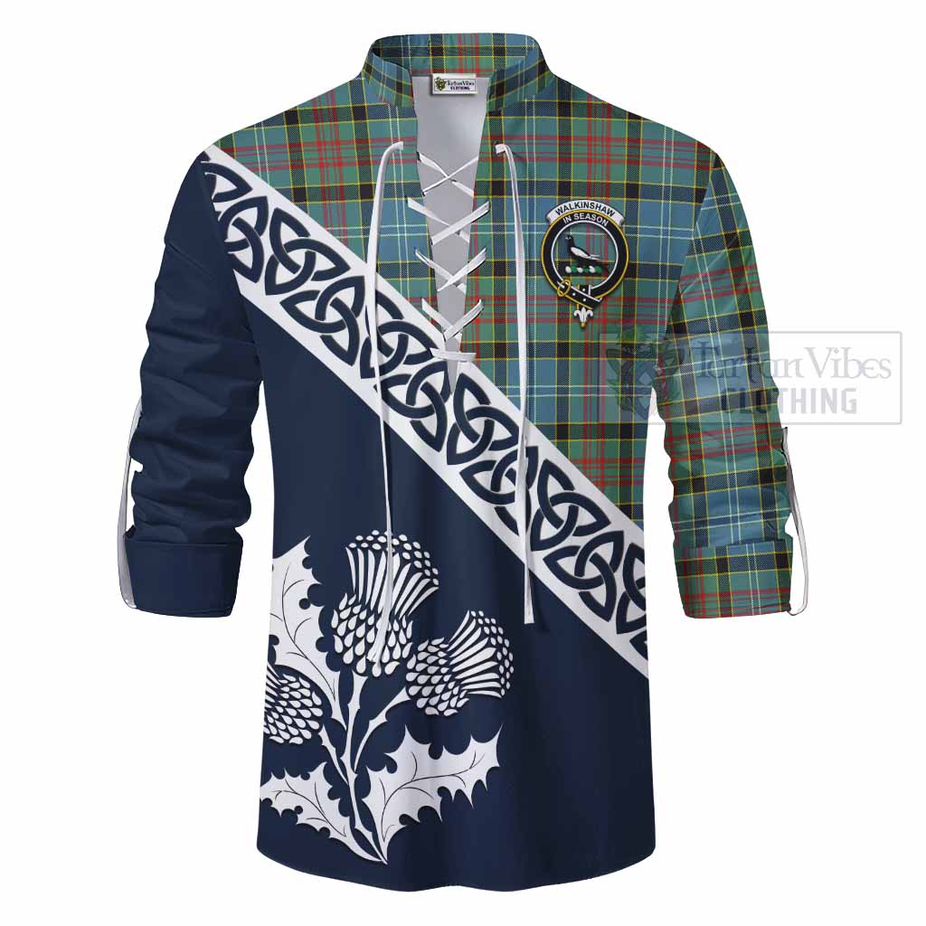 Walkinshaw Tartan Ghillie Kilt Shirt Featuring Thistle and Scotland Map - Tartan Vibes Clothing